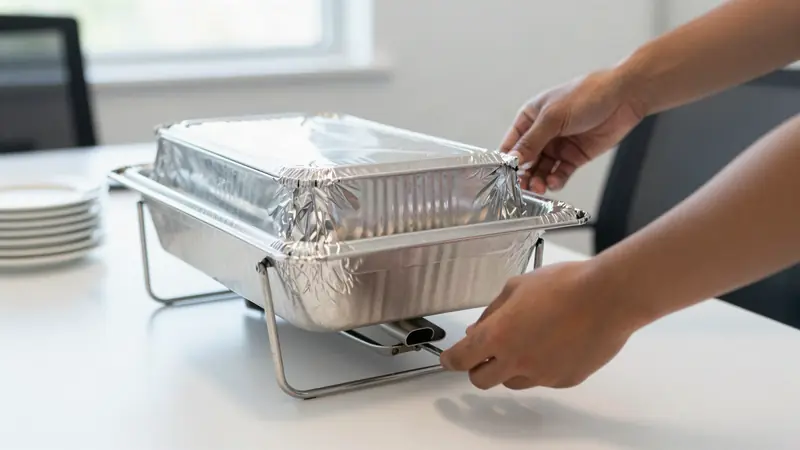 Hands setting foil catering trays into chafing stands on an office table