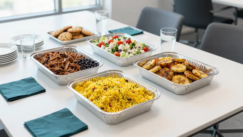 A catered lunch in foil trays on a white office conference table: mojo pork, yellow rice, plantains, Greek salad and cookies